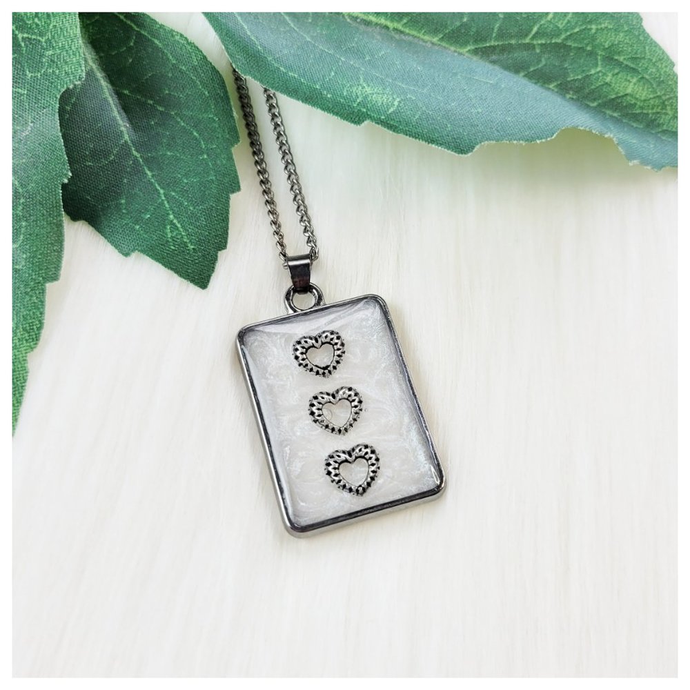 Triple Hearts Necklace White and Gunmetal Silver Gray Geometric Resin Pendant